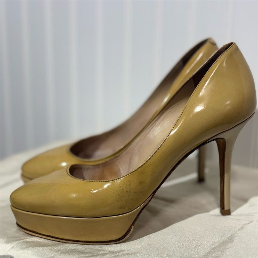 Jimmy Choo Beige Patent Leather Platform Pumps EU 37 US 7 Nude Heels Italy
